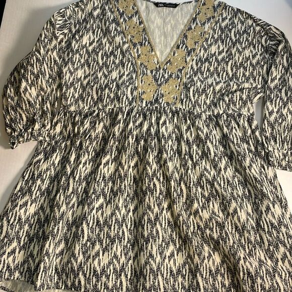 Zara Black and Off-white Dress with Embroidery and Beading Cotton/Linen Blend XL - Picture 8 of 15